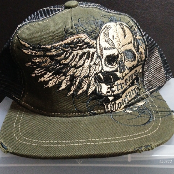 Olive Skull Embroidered Trucker Hat - Picture 1 of 6